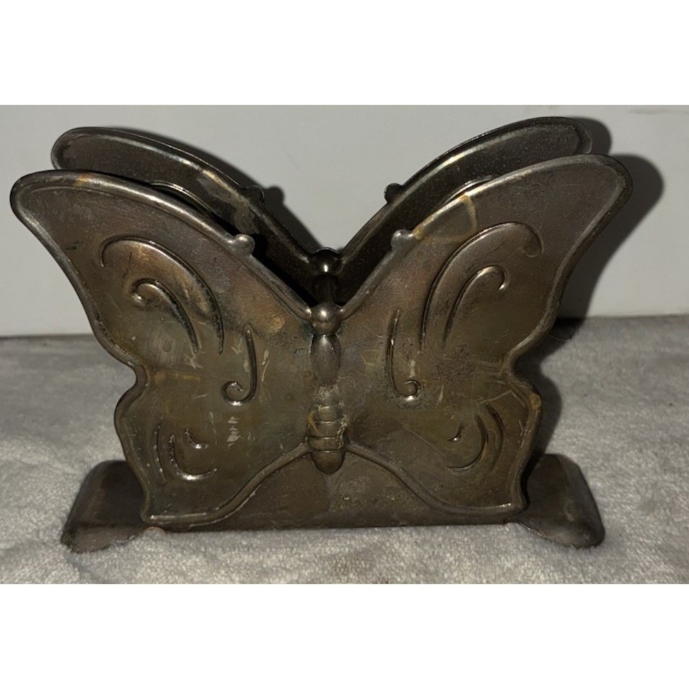 Vintage Butterfly Napkin Mail Holder Aged Metal Rustic Fairy Cottage Core Silver